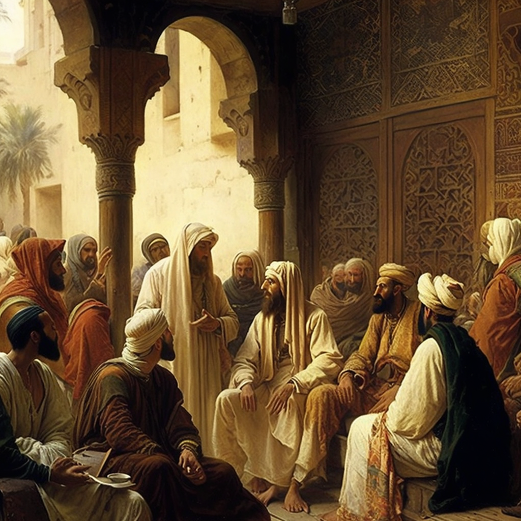 An AI-generated image of men in traditional middle-eastern clothing engaged in discussion huddled in a building