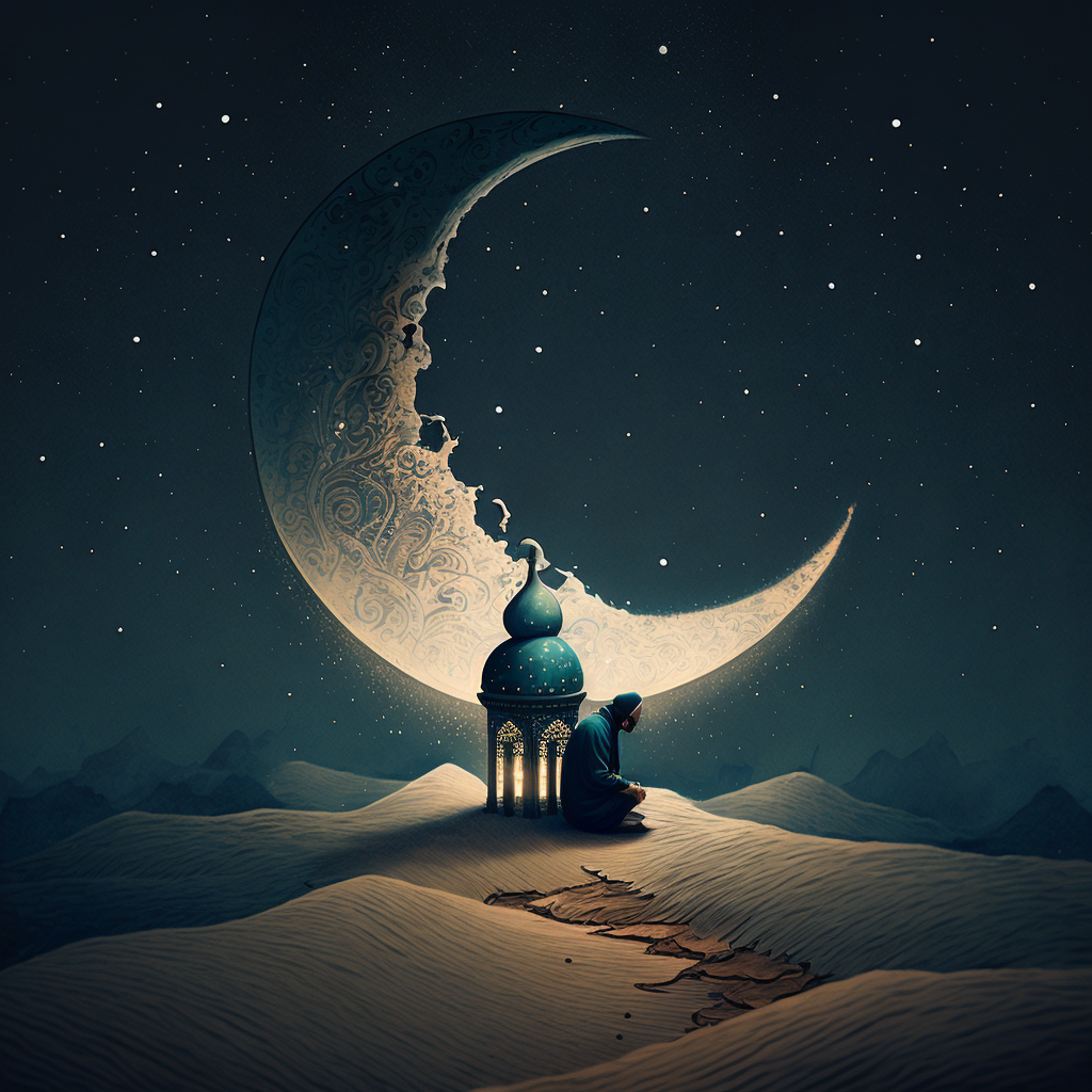 An AI-generated image of a man leaning against a lamp in the desert with a crescent moon behind him