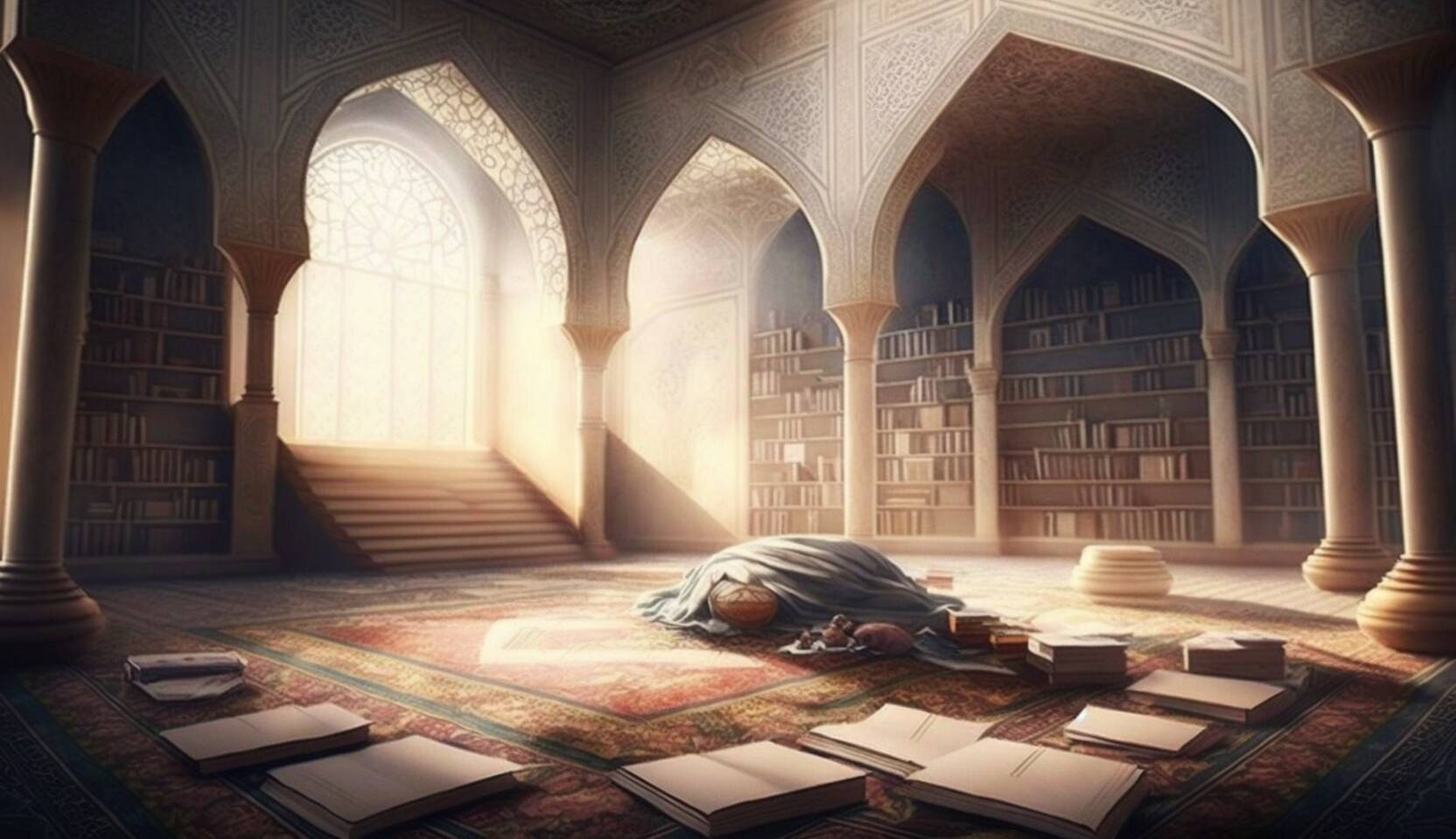 An AI-generated image of the inside of an empty mosque with books laid out for a blog on Quran memorization tips from huffadh