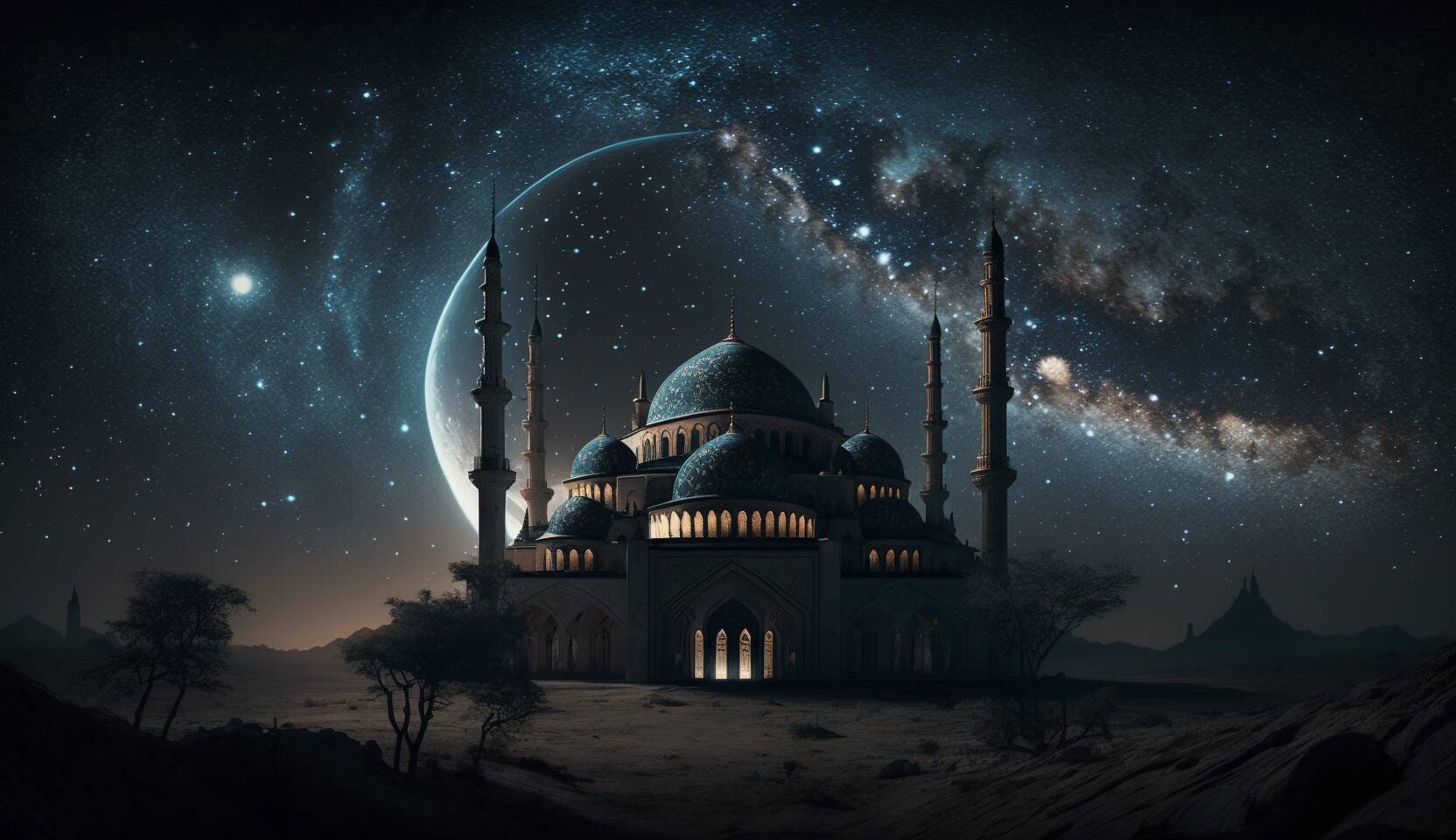 An AI-generated image of a mosque under a starry night sky for a blog on Duas of The Prophets in The Quran