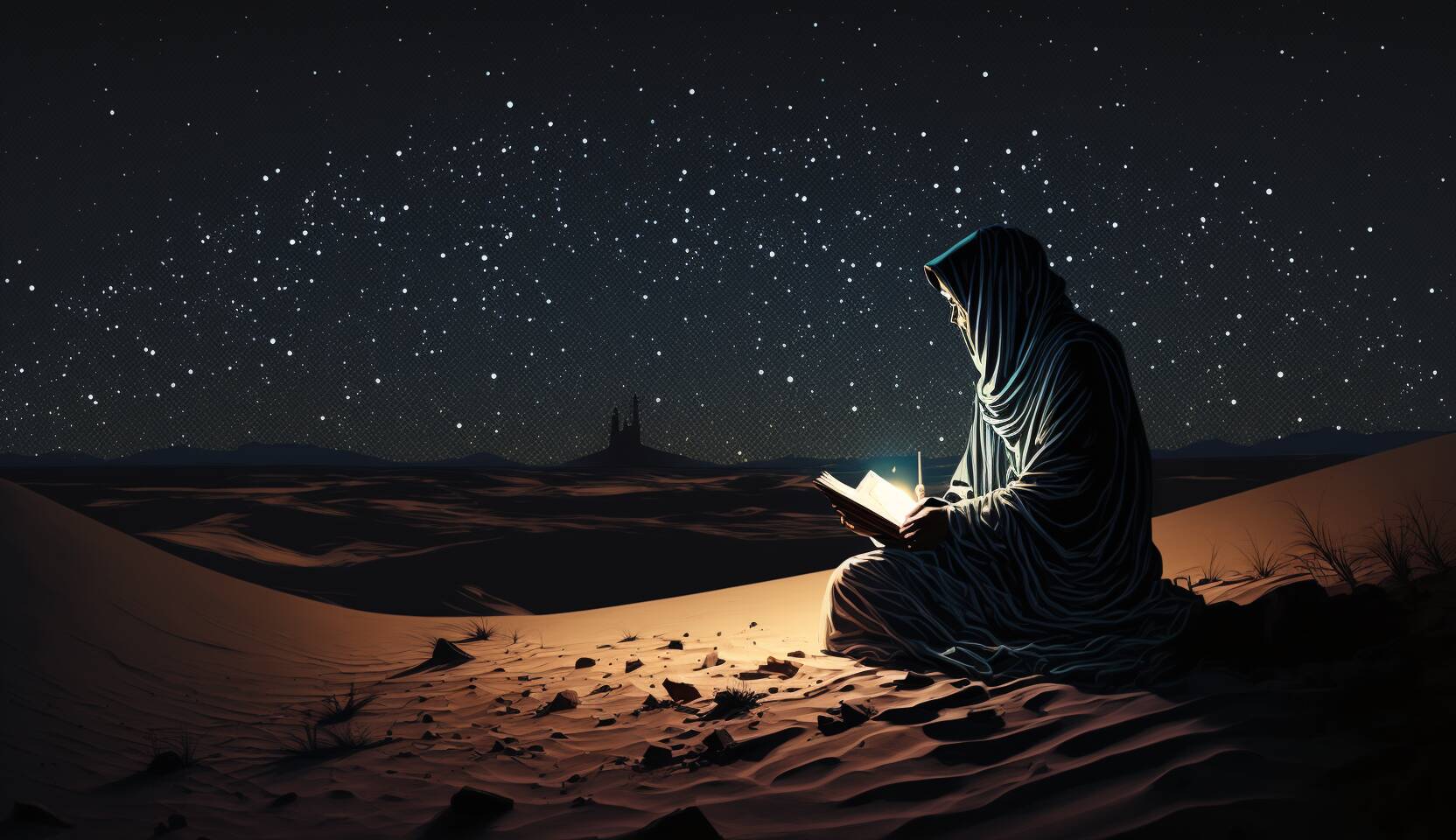 An AI-generated image of a man in the desert with a book in hand for a blog on Top 10 Tips for Memorizing the Quran