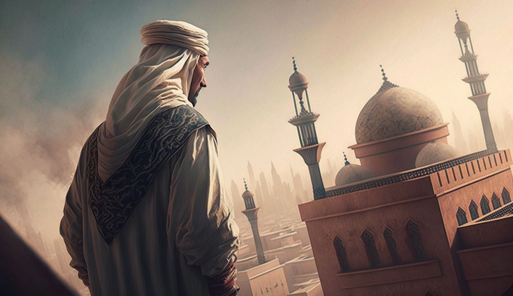 AI-generated image of a man overlooking the tops of a mosque for a blog on Quran Recitation