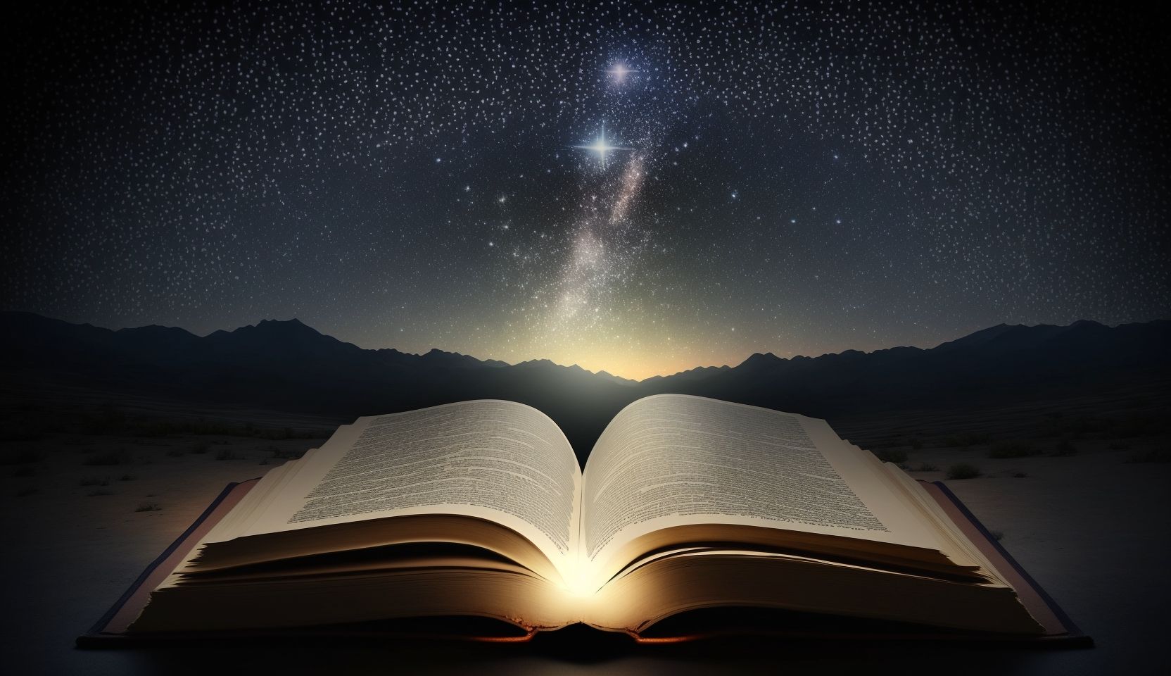 An AI-generated image of an open book omitting light against a starry night sky for a blog on comforting verses of Quran