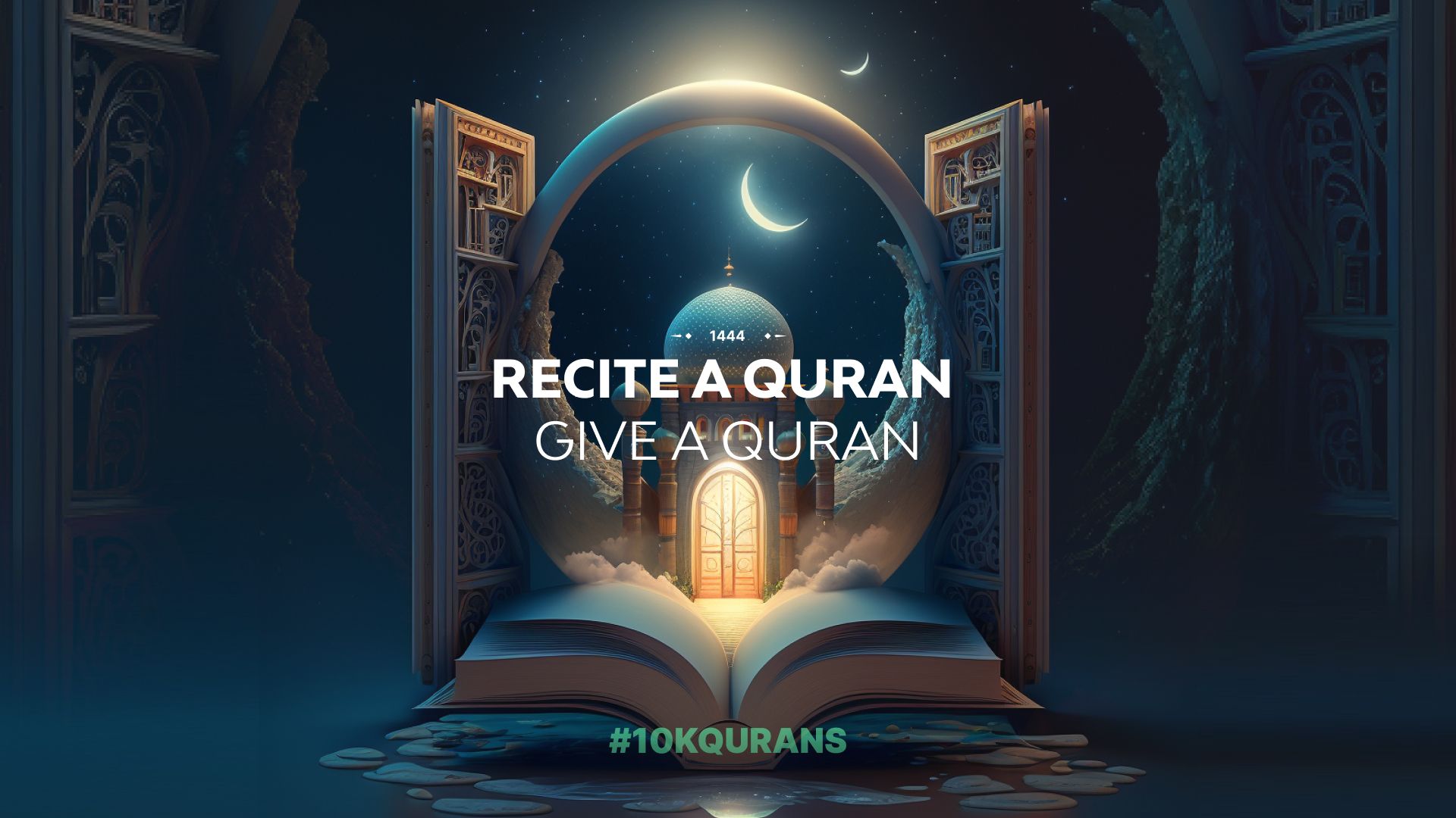 An AI-generated image of a n open book with a mosque in the background for Tarteel's annual Ramadan Challenge