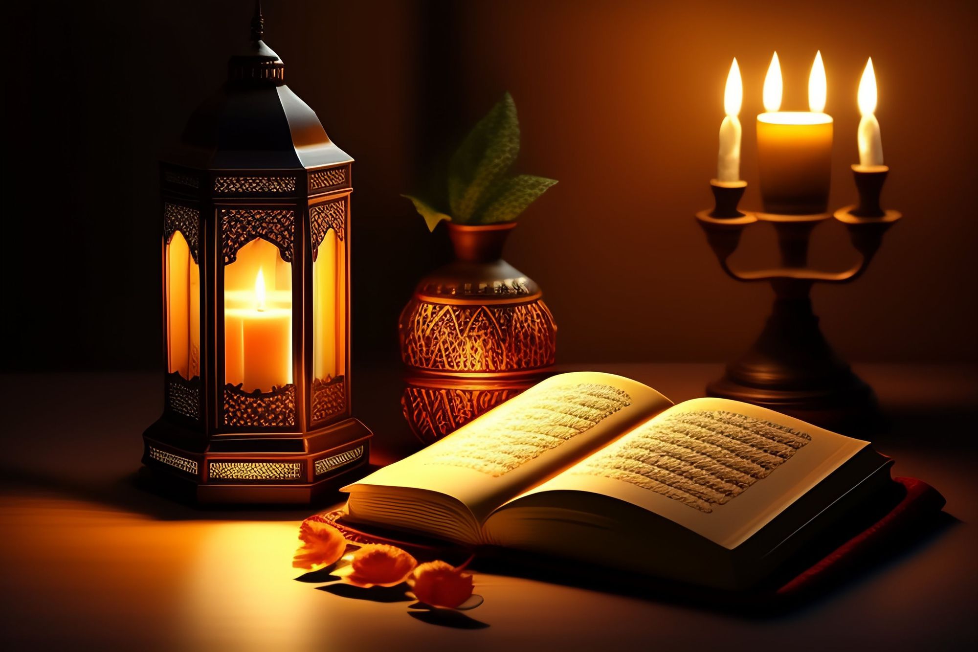 An AI-generated image of an open book on a table with a lamp and candle for a blog on Juz Amma