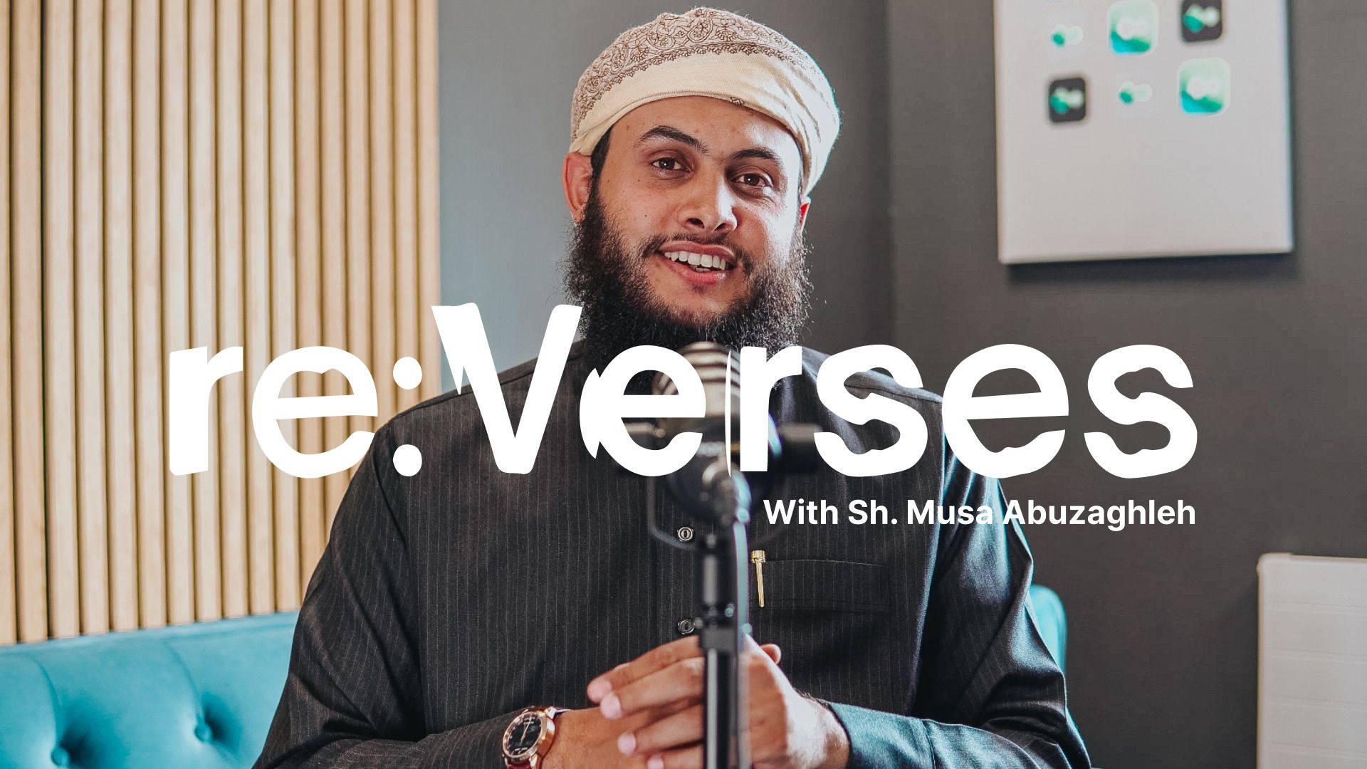 An image of Sheikh Musa Abuzaghleh in front of a mic with the re:Verses podcast logo over it