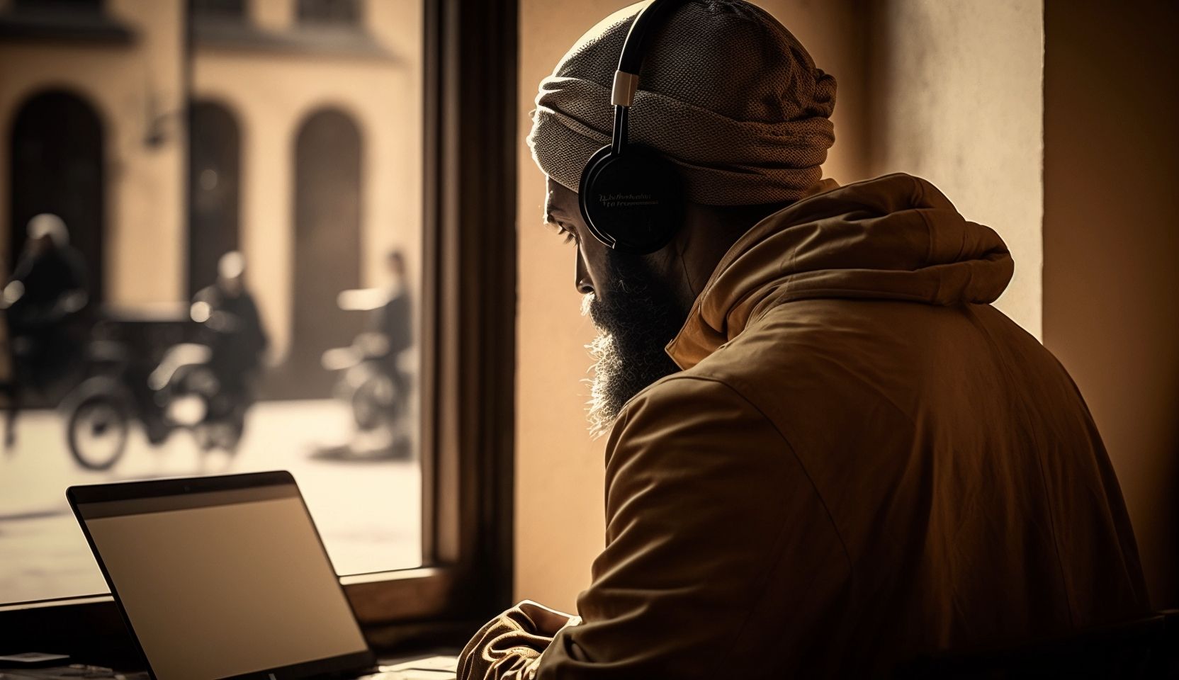 AI-generated image of a Muslim man sitting with headphones on for a blog on listening to Quran recitation