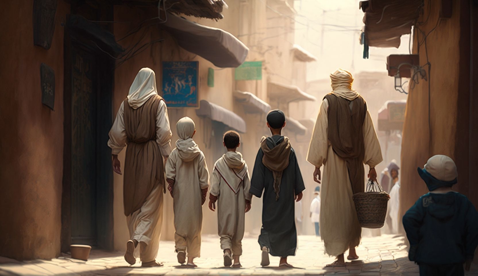 An AI-generated image of a family walking down the street for a blog on how to help children memorize the Quran