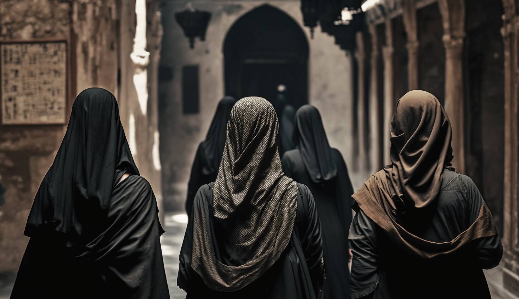 An AI-generated image of veiled Muslim women walking to the mosque. Their faces aren't visible.