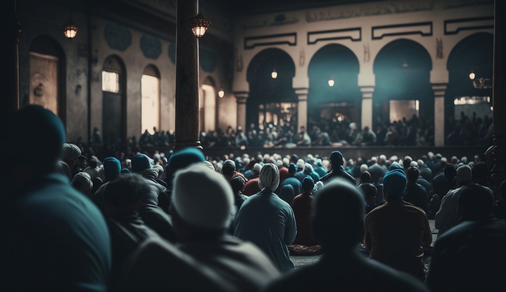 An AI-generated image of a group congregating in a mosque. 