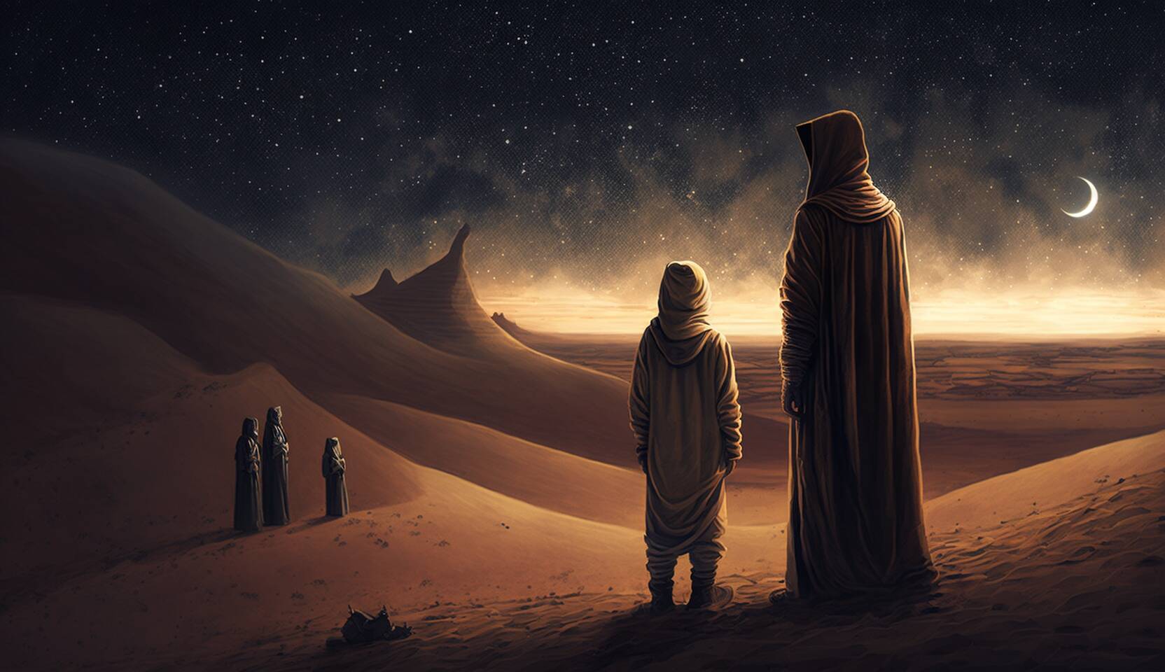 An AI-generated image of a man and his son standing in the desert for a blog about Luqman