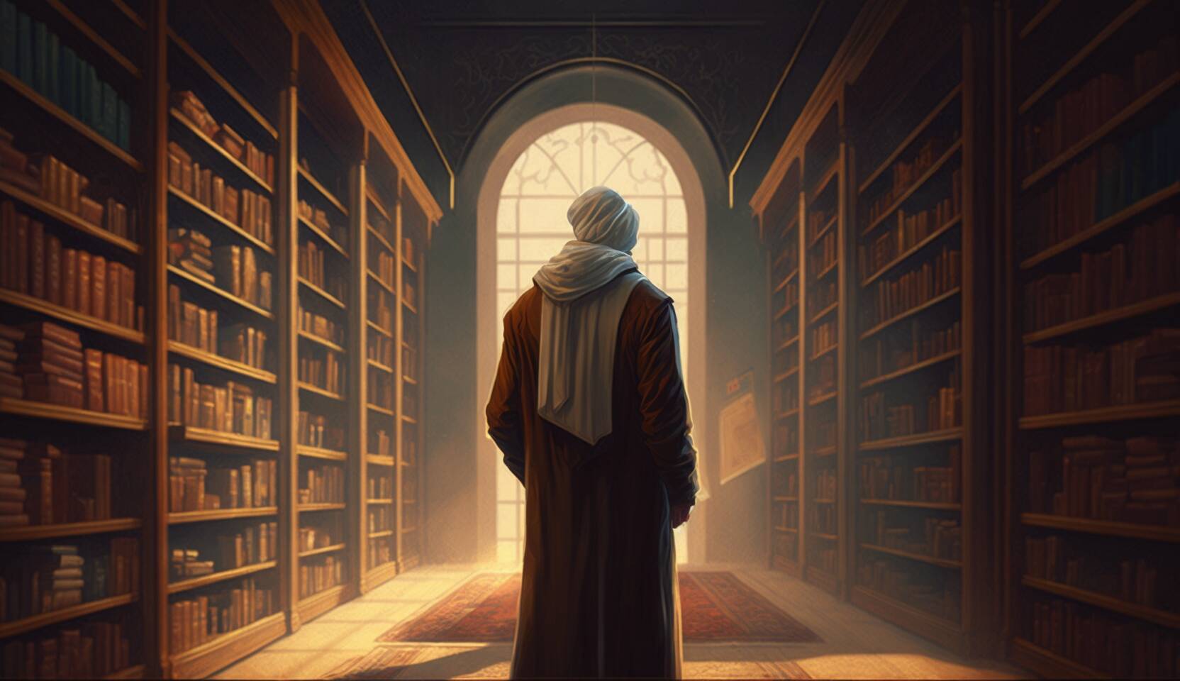 An AI-generated image of a man standing in a library for a blog on How to Memorize the Quran by Yourself