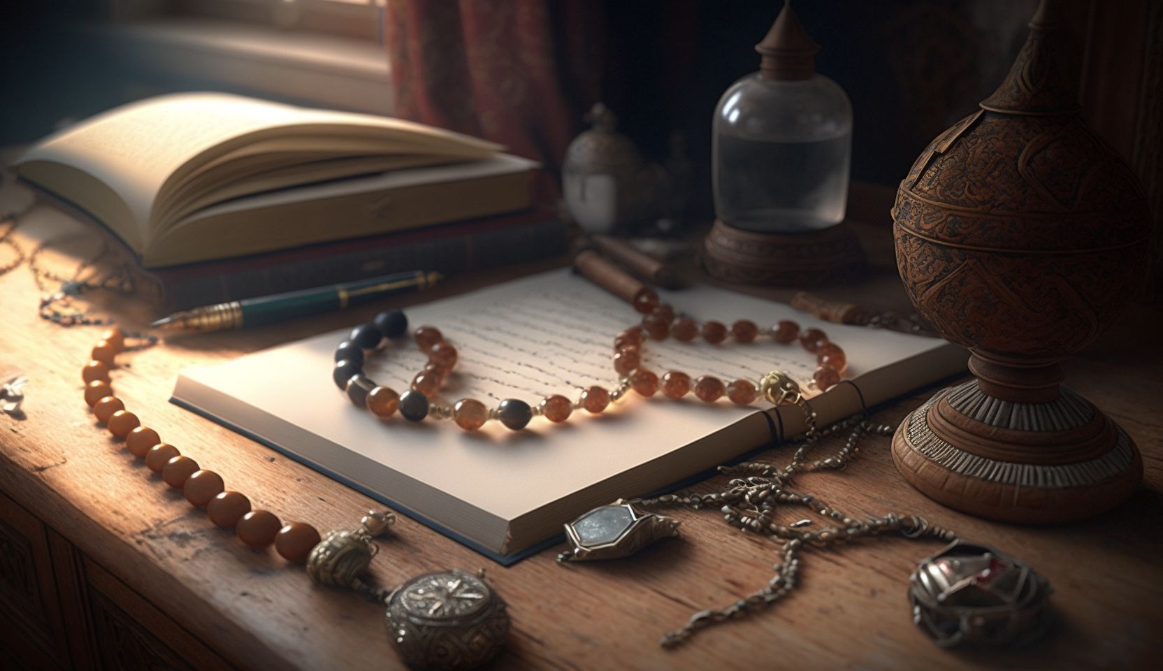 An AI-generated image of a table with prayer beads for a blog about Learning the 99 Names of Allah