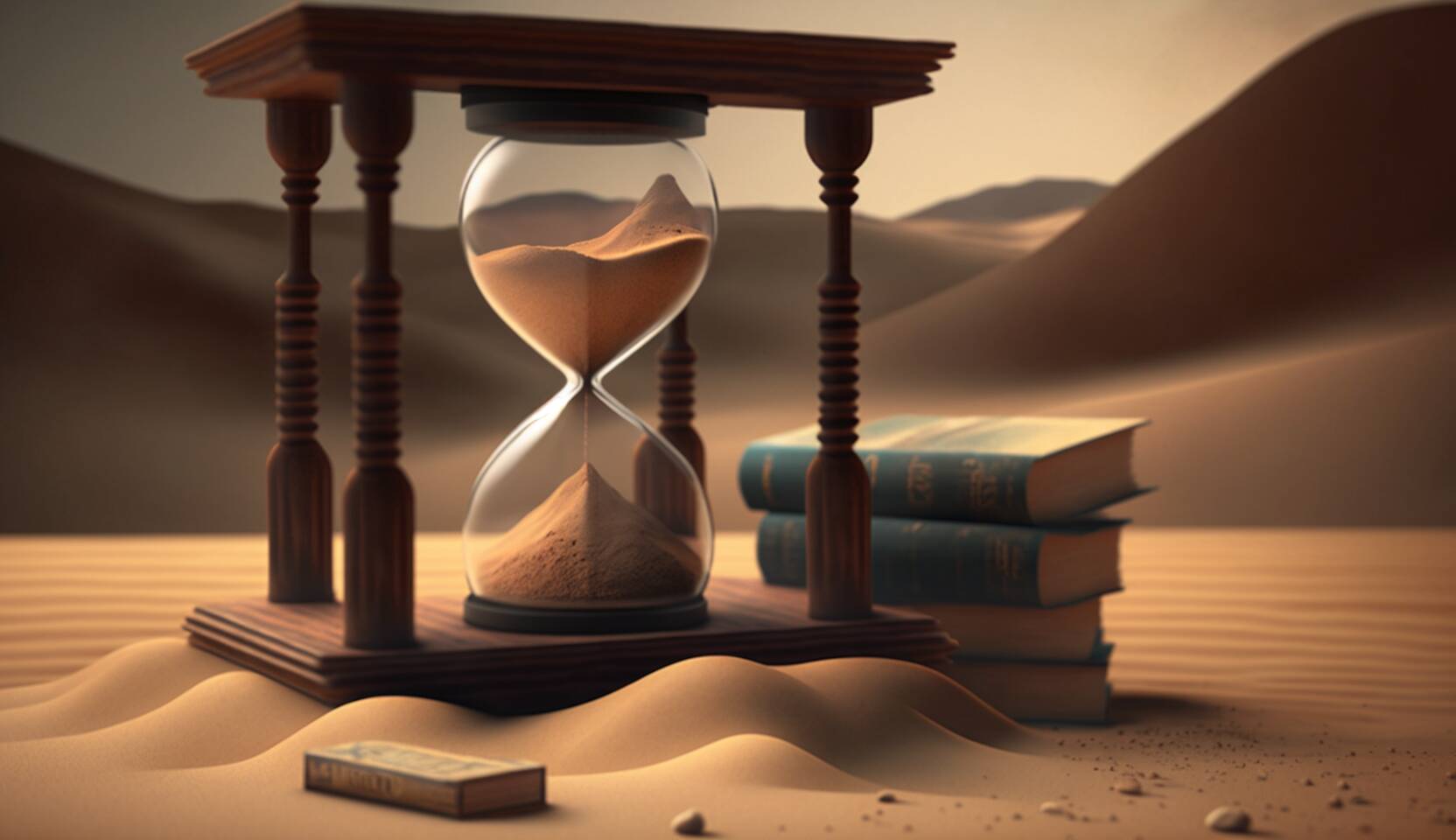 An AI-generated image of a sand timer with books in the desert for a blog on How to Beat Procrastination