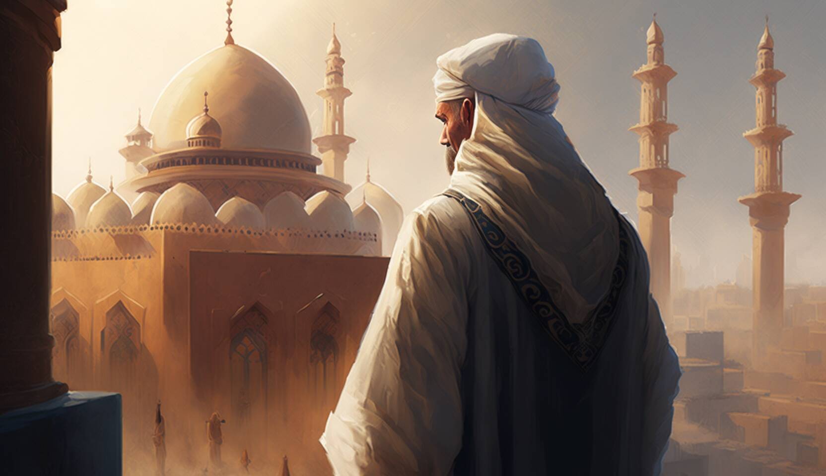 An AI-generated image of a man looking over a mosque for a blog titled What is the meaning of Tarteel (ترتيل)?