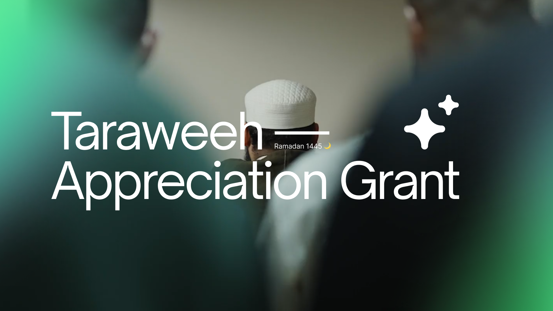A blurred picture of an imam leading prayer. The text overlay reads Taraweeh Appreciation Grant Ramadan 1445