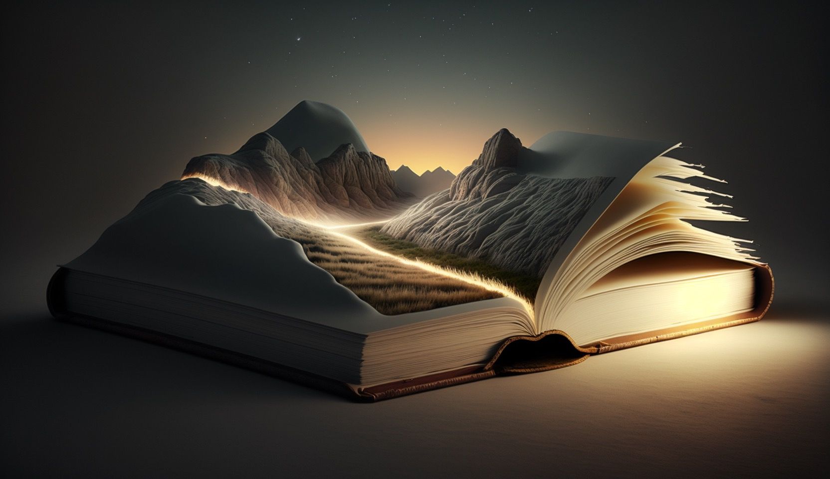 AI-generated image of an open book with a landscape and light being omitted from it