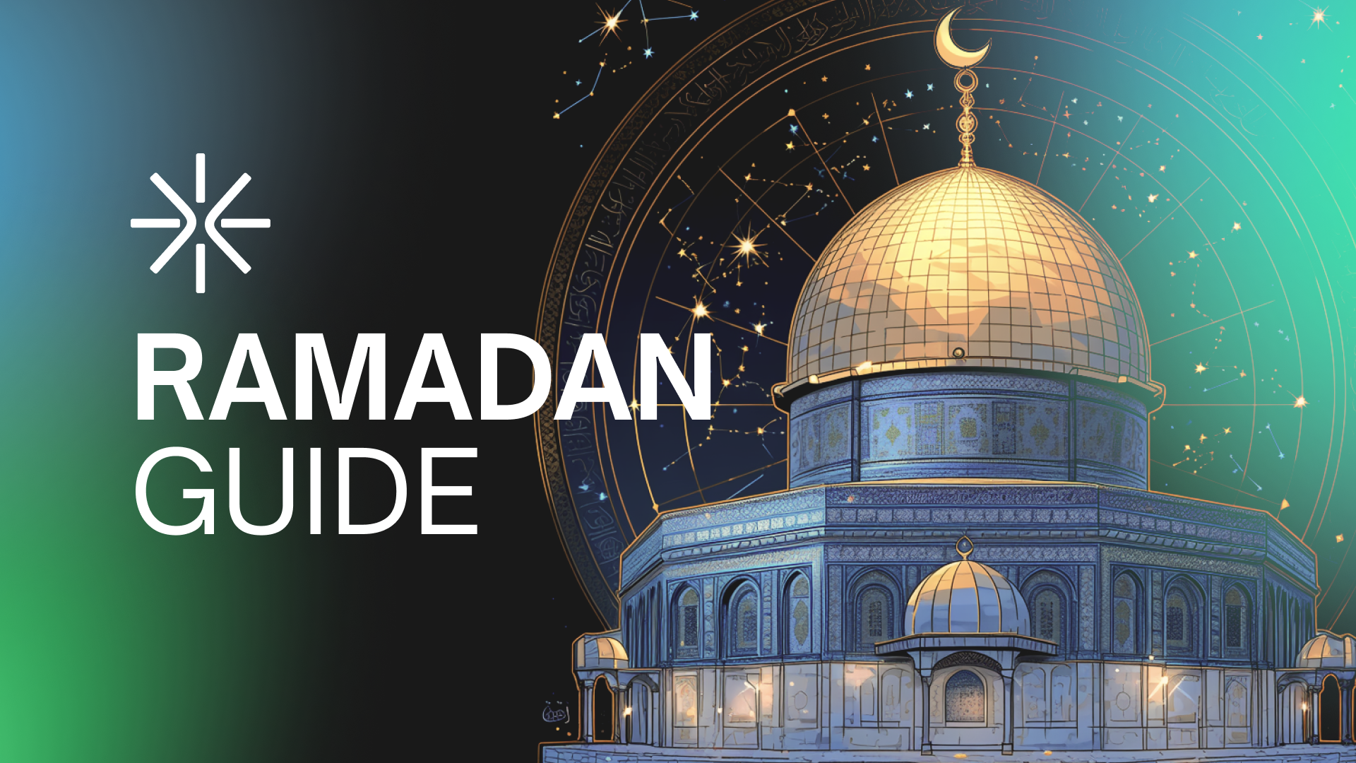 A visual depicting Masjid Al-Aqsa with constellations of stars above it. The text on top says Ramadan Guide.