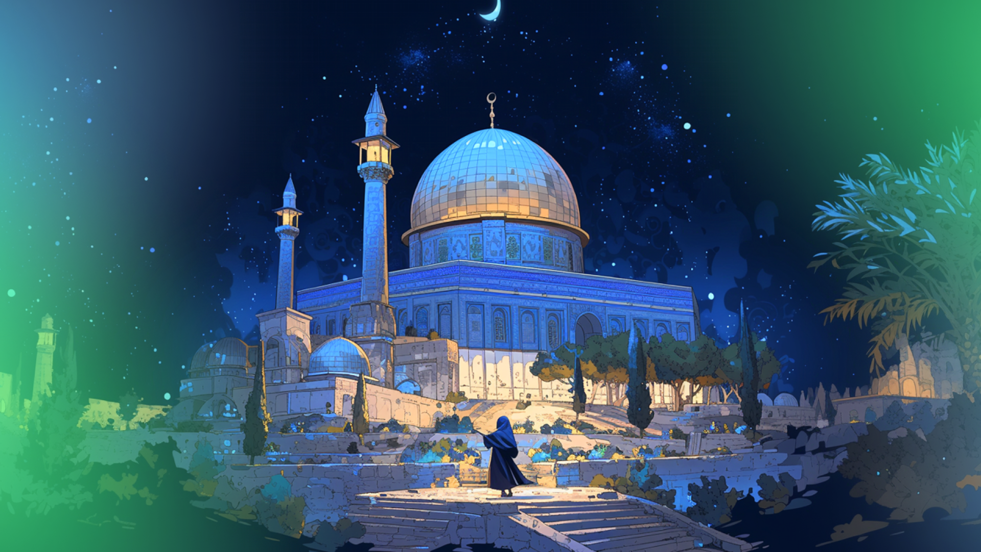 A graphic of a Al-Aqsa mosque with a little girl standing in front of it